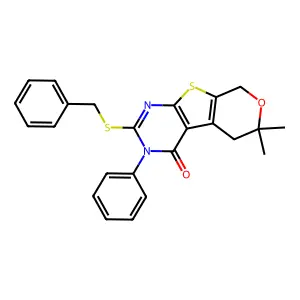 2-(benzylsulfanyl)-6,6-dimethyl-3-phenyl-3,5,6,8-tetrahydro-4H-pyrano[4',3':4,5]thieno[2,3-d]pyrimidin-4-one structure