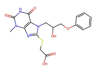 2-[7-(2-hydroxy-3-phenoxypropyl)-3-methyl-2,6-dioxopurin-8-yl]sulfanylacetic acid structure