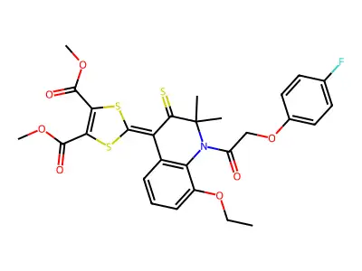 dimethyl 2-(8-ethoxy-1-[(4-fluorophenoxy)acetyl]-2,2-dimethyl-3-thioxo-2,3-dihydro-4(1H)-quinolinylidene)-1,3-dithiole-4,5-dicarboxylate structure