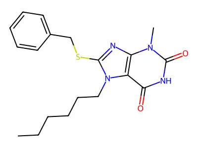 8-(benzylsulfanyl)-7-hexyl-3-methyl-3,7-dihydro-1H-purine-2,6-dione structure