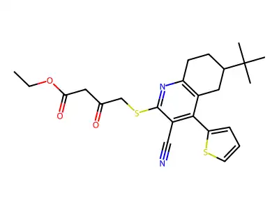ethyl 4-{[6-tert-butyl-3-cyano-4-(thiophen-2-yl)-5,6,7,8-tetrahydroquinolin-2-yl]sulfanyl}-3-oxobutanoate structure