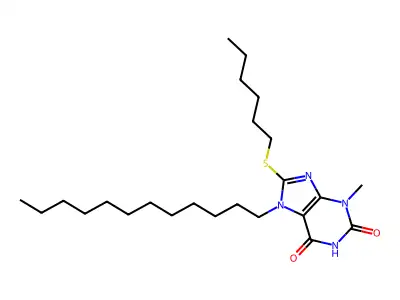 7-dodecyl-8-(hexylsulfanyl)-3-methyl-3,7-dihydro-1H-purine-2,6-dione structure