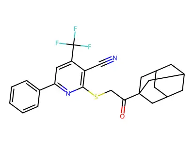 2-[2-(1-adamantyl)-2-oxoethyl]sulfanyl-6-phenyl-4-(trifluoromethyl)pyridine-3-carbonitrile structure