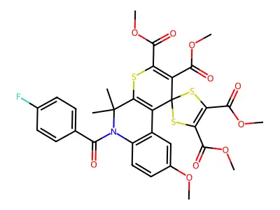 tetramethyl 6'-[(4-fluorophenyl)carbonyl]-9'-methoxy-5',5'-dimethyl-5',6'-dihydrospiro[1,3-dithiole-2,1'-thiopyrano[2,3-c]quinoline]-2',3',4,5-tetracarboxylate structure
