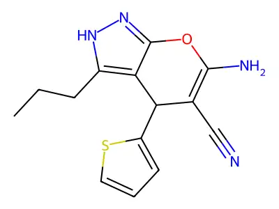 6-Amino-3-propyl-4-(2-thienyl)-1,4-dihydropyrano[2,3-c]pyrazole-5-carbonitrile structure