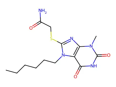 2-(7-Hexyl-3-methyl-2,6-dioxopurin-8-yl)sulfanylacetamide structure