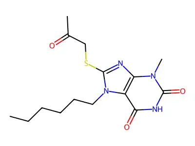 7-Hexyl-3-methyl-8-(2-oxopropylsulfanyl)purine-2,6-dione structure