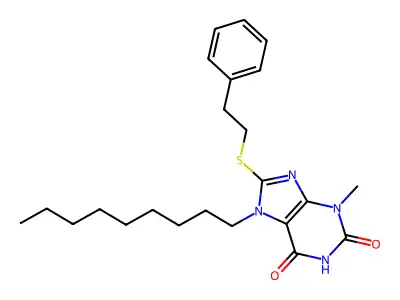 3-methyl-7-nonyl-8-[(2-phenylethyl)sulfanyl]-3,7-dihydro-1H-purine-2,6-dione structure