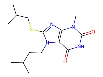 8-(isobutylthio)-7-isopentyl-3-methyl-1H-purine-2,6(3H,7H)-dione structure
