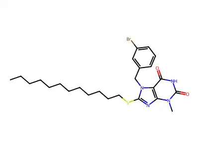 7-(3-bromobenzyl)-8-(dodecylsulfanyl)-3-methyl-3,7-dihydro-1H-purine-2,6-dione structure