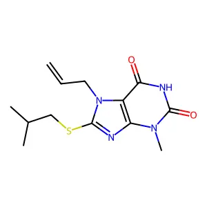 7-allyl-8-(isobutylthio)-3-methyl-1H-purine-2,6(3H,7H)-dione structure