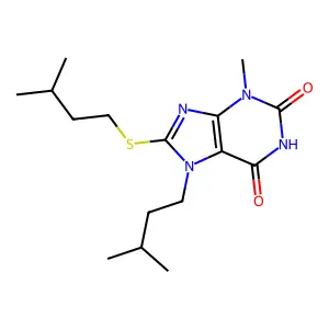 7-isopentyl-8-(isopentylthio)-3-methyl-1H-purine-2,6(3H,7H)-dione structure