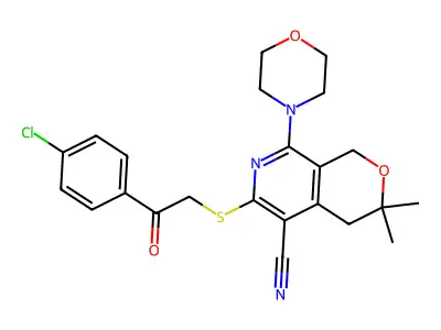6-[2-(4-chlorophenyl)-2-oxoethyl]sulfanyl-3,3-dimethyl-8-morpholin-4-yl-1,4-dihydropyrano[3,4-c]pyridine-5-carbonitrile structure