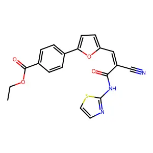 (E)-ethyl 4-(5-(2-cyano-3-oxo-3-(thiazol-2-ylamino)prop-1-en-1-yl)furan-2-yl)benzoate structure