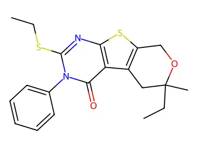 6-ethyl-2-(ethylsulfanyl)-6-methyl-3-phenyl-3,5,6,8-tetrahydro-4H-pyrano[4',3':4,5]thieno[2,3-d]pyrimidin-4-one structure