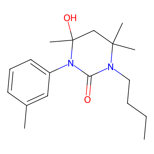 1-butyl-4-hydroxy-4,6,6-trimethyl-3-(3-methylphenyl)-1,3-diazinan-2-one structure