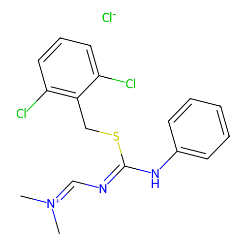 N-[({anilino[(2,6-dichlorobenzyl)sulfanyl]methylene}amino)methylene]-N-methylmethanaminium chloride structure