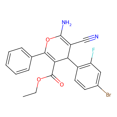 ethyl 6-amino-4-(4-bromo-2-fluorophenyl)-5-cyano-2-phenyl-4H-pyran-3-carboxylate structure