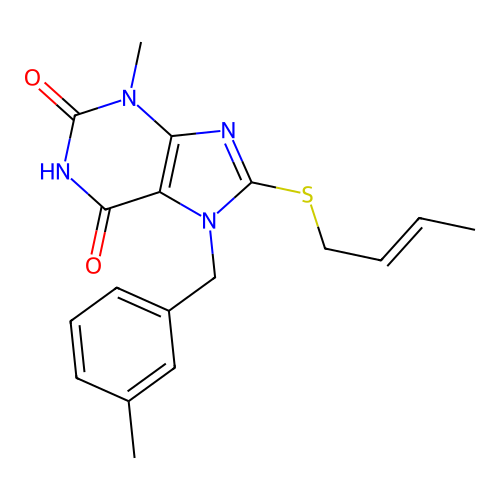 8-[(E)-but-2-enyl]sulfanyl-3-methyl-7-[(3-methylphenyl)methyl]purine-2,6-dione structure
