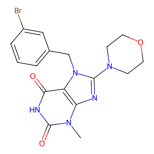 7-(3-bromobenzyl)-3-methyl-8-(morpholin-4-yl)-3,7-dihydro-1H-purine-2,6-dione structure