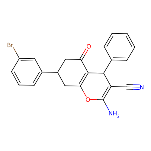 2-amino-7-(3-bromophenyl)-5-oxo-4-phenyl-4,6,7,8-tetrahydrochromene-3-carbonitrile structure