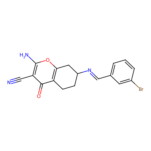 (E)-2-amino-7-((3-bromobenzylidene)amino)-4-oxo-5,6,7,8-tetrahydro-4H-chromene-3-carbonitrile structure