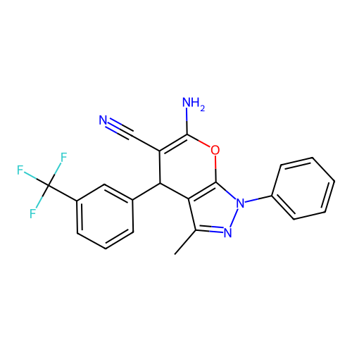 6-amino-3-methyl-1-phenyl-4-[3-(trifluoromethyl)phenyl]-1,4-dihydropyrano[2,3-c]pyrazole-5-carbonitrile structure