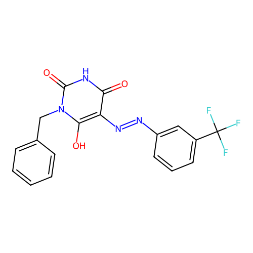 (5E)-1-benzyl-5-[[3-(trifluoromethyl)phenyl]hydrazinylidene]-1,3-diazinane-2,4,6-trione structure