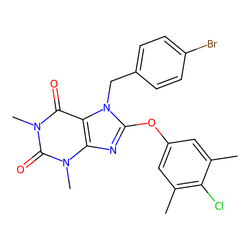 7-[(4-bromophenyl)methyl]-8-(4-chloro-3,5-dimethylphenoxy)-1,3-dimethylpurine-2,6-dione structure