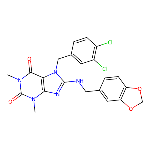8-((benzo[d][1,3]dioxol-5-ylmethyl)amino)-7-(3,4-dichlorobenzyl)-1,3-dimethyl-1H-purine-2,6(3H,7H)-dione structure