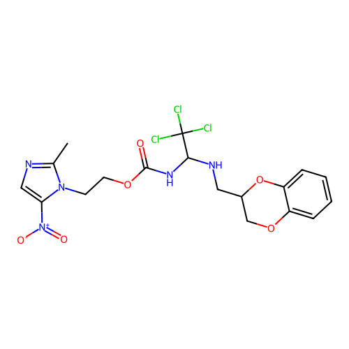 2-(2-methyl-5-nitro-1H-imidazol-1-yl)ethyl (2,2,2-trichloro-1-(((2,3-dihydrobenzo[b][1,4]dioxin-2-yl)methyl)amino)ethyl)carbamate structure