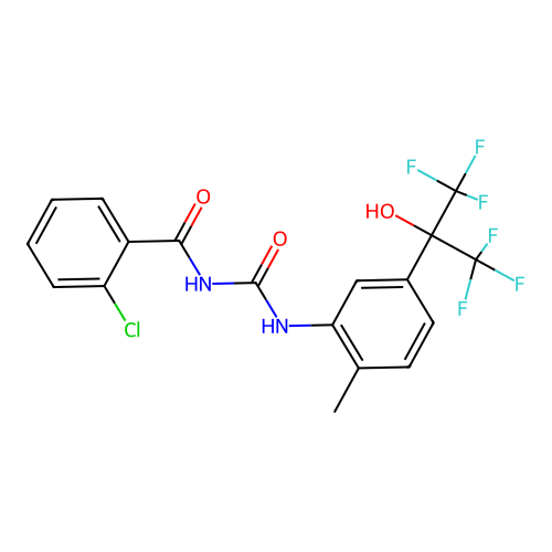 2-chloro-N-((5-(1,1,1,3,3,3-hexafluoro-2-hydroxypropan-2-yl)-2-methylphenyl)carbamoyl)benzamide structure