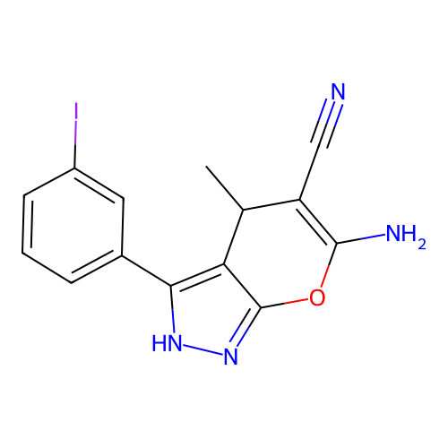 6-amino-3-(3-iodophenyl)-4-methyl-2,4-dihydropyrano[2,3-c]pyrazole-5-carbonitrile structure