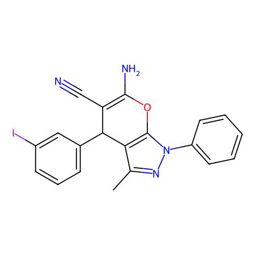 6-amino-4-(3-iodophenyl)-3-methyl-1-phenyl-1,4-dihydropyrano[2,3-c]pyrazole-5-carbonitrile structure