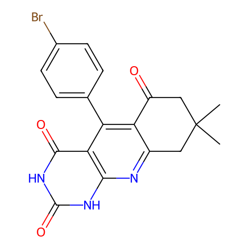 5-(4-bromophenyl)-8,8-dimethyl-8,9-dihydropyrimido[4,5-b]quinoline-2,4,6(1H,3H,7H)-trione structure