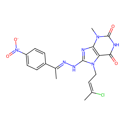 7-((Z)-3-chlorobut-2-en-1-yl)-3-methyl-8-((E)-2-(1-(4-nitrophenyl)ethylidene)hydrazinyl)-1H-purine-2,6(3H,7H)-dione structure