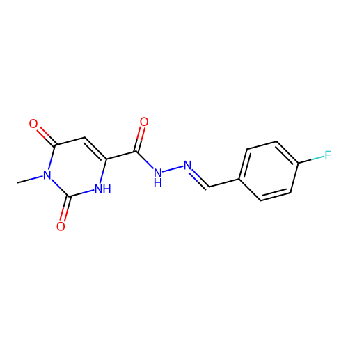N-[(E)-(4-fluorophenyl)methylideneamino]-3-methyl-2,4-dioxo-1H-pyrimidine-6-carboxamide structure
