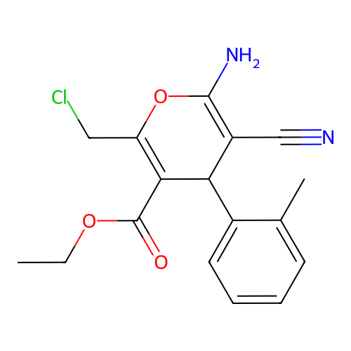 ethyl 6-amino-2-(chloromethyl)-5-cyano-4-(2-methylphenyl)-4H-pyran-3-carboxylate structure