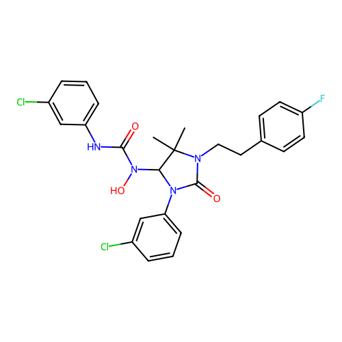 3-(3-chlorophenyl)-1-(3-(3-chlorophenyl)-1-(4-fluorophenethyl)-5,5-dimethyl-2-oxoimidazolidin-4-yl)-1-hydroxyurea structure