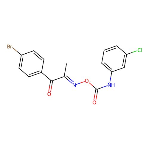 (E)-1-(4-bromophenyl)-2-((((3-chlorophenyl)carbamoyl)oxy)imino)propan-1-one structure