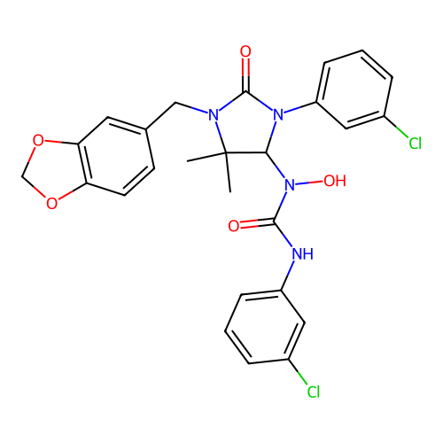 1-[1-(1,3-benzodioxol-5-ylmethyl)-3-(3-chlorophenyl)-5,5-dimethyl-2-oxoimidazolidin-4-yl]-3-(3-chlorophenyl)-1-hydroxyurea structure