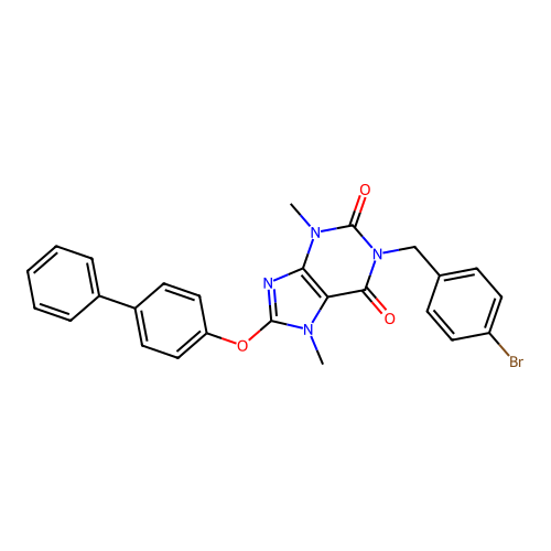 1-[(4-bromophenyl)methyl]-3,7-dimethyl-8-(4-phenylphenoxy)purine-2,6-dione structure