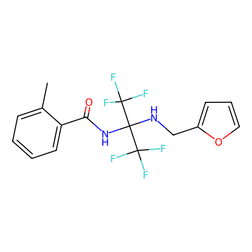 N-(1,1,1,3,3,3-hexafluoro-2-((furan-2-ylmethyl)amino)propan-2-yl)-2-methylbenzamide structure