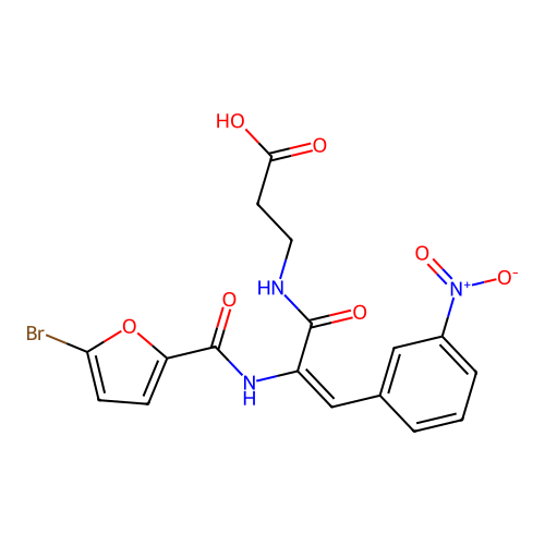 (E)-3-(2-(5-bromofuran-2-carboxamido)-3-(3-nitrophenyl)acrylamido)propanoic acid structure