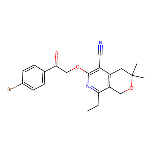 6-(2-(4-bromophenyl)-2-oxoethoxy)-8-ethyl-3,3-dimethyl-3,4-dihydro-1H-pyrano[3,4-c]pyridine-5-carbonitrile structure