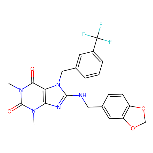 8-((benzo[d][1,3]dioxol-5-ylmethyl)amino)-1,3-dimethyl-7-(3-(trifluoromethyl)benzyl)-1H-purine-2,6(3H,7H)-dione structure
