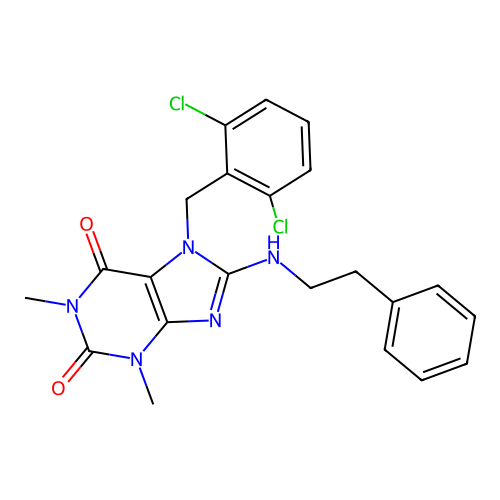 7-[(2,6-dichlorophenyl)methyl]-1,3-dimethyl-8-(phenethylamino)purine-2,6-dione structure