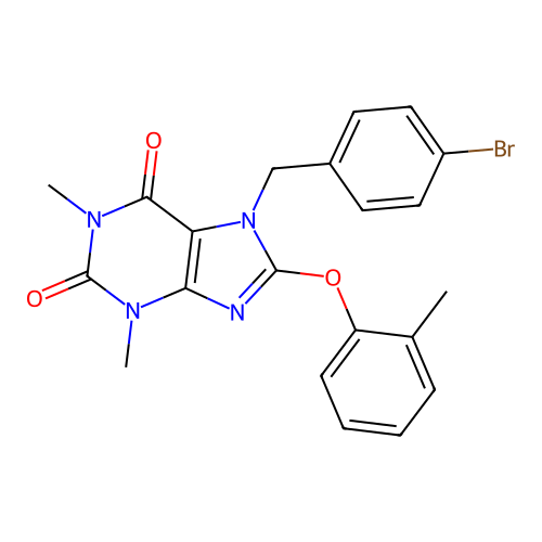 7-[(4-bromophenyl)methyl]-1,3-dimethyl-8-(2-methylphenoxy)purine-2,6-dione structure