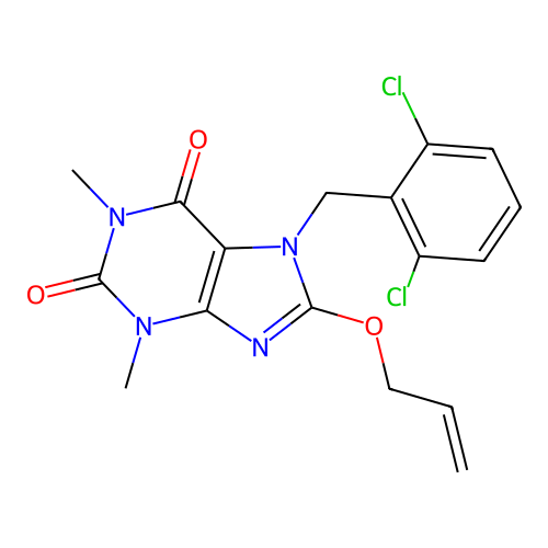 7-(2,6-dichlorobenzyl)-1,3-dimethyl-8-(prop-2-en-1-yloxy)-3,7-dihydro-1H-purine-2,6-dione structure