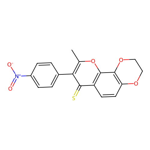 9-methyl-8-(4-nitrophenyl)-2,3-dihydro-7H-[1,4]dioxino[2,3-h]chromene-7-thione structure